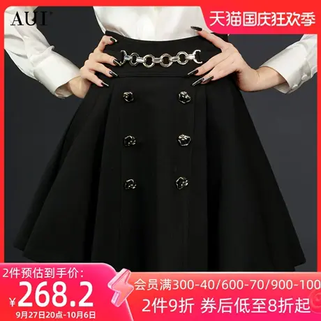 AUI黑色高腰百褶半身裙女2023春季新款欧美风设计感小众修身短裙商品大图