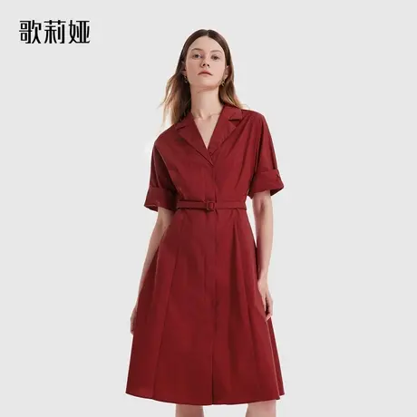 歌莉娅西装领红色连衣裙秋季新款棉布A字裙子（送皮带）1B8C4K310图片