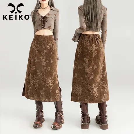 KEIKO 温婉新中式提花丝绒包臀半身裙2024春季高级感开叉中长裙子商品大图
