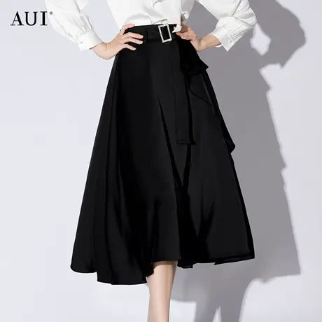 AUI黑色不规则设计感高腰半身裙女2023春季新款小众通勤修身长裙图片