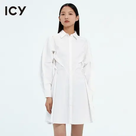 icy女装原创春季新款都市风时尚隐藏式排扣休闲白色长袖连衣裙女图片