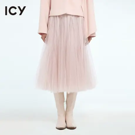 icy原创春季新款法式森系时尚纯色拼接网纱中长款仙女雪纺半身裙商品大图