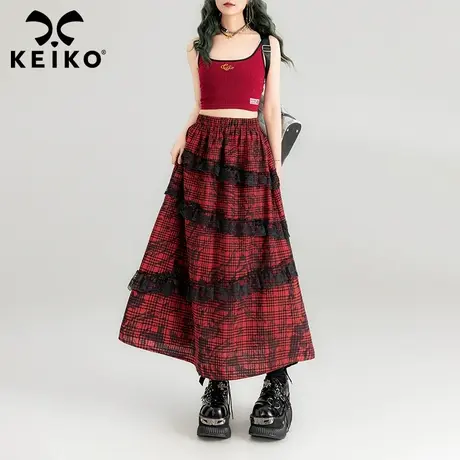 KEIKO 蕾丝花边饰红色格子半身裙2024春夏复古显高遮跨A字长裙子图片