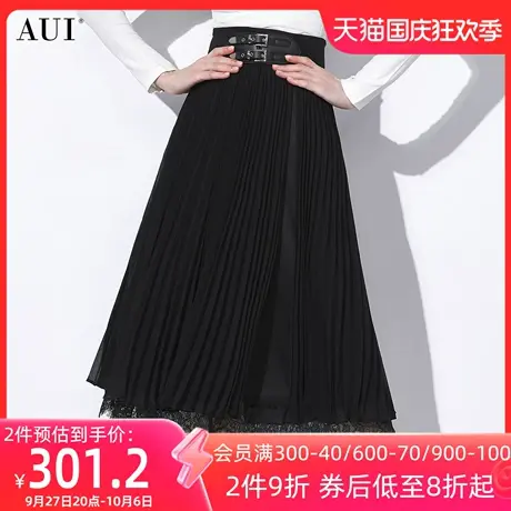 AUI黑色设计感气质高腰半身裙女2023秋新款小众拼接蕾丝百褶裙子图片