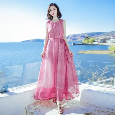 夏季新款女装复古裙子红色雪纺连衣裙长裙海南超仙沙滩裙海边度假图片