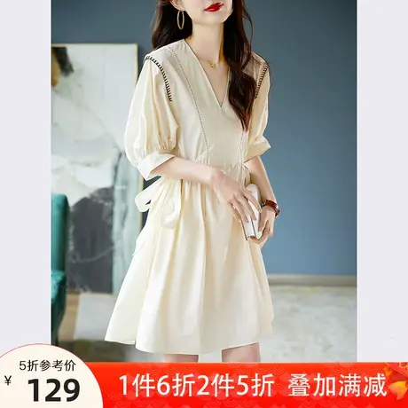 宝诗黎V领蝙蝠袖系带连衣裙2023夏季新款时尚棉质设计感中长裙子图片
