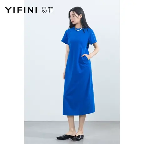 Yifini/易菲中长款短袖圆领纯色连衣裙女夏季新款简约通勤裙图片