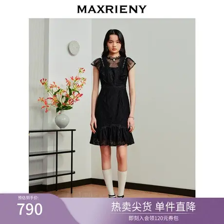 MAXRIENY法式复古蕾丝连衣裙2023夏季新款无袖鱼尾裙子约会小黑裙图片