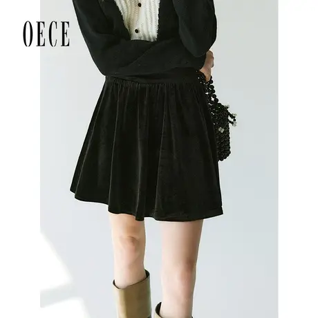 【新品】Oece复古小黑裙半身裙2024春冬季新款女装伞裙短裙图片