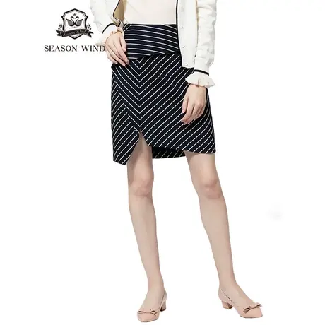 季候风女装时尚通勤个性不对称黑白斜条纹半身裙OL职业6025QH803图片