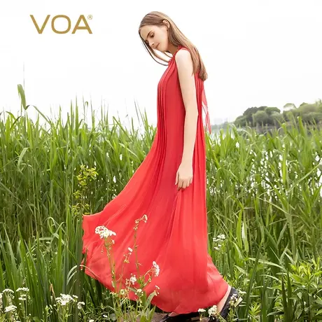 VOA乔其桑蚕丝红色圆领荷叶装饰无袖双层面料育克褶真丝连衣裙图片