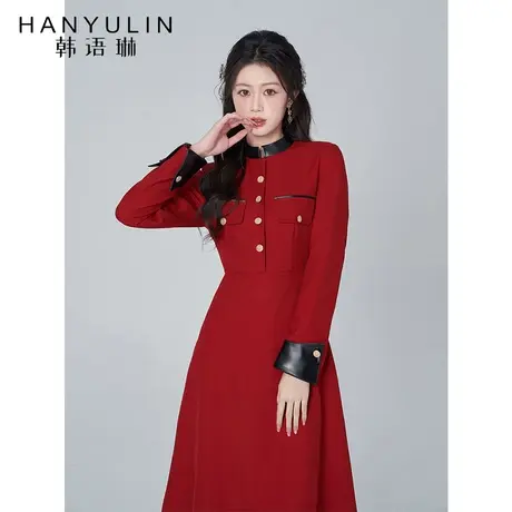 韩语琳法式连衣裙女春秋2023新款气质收腰显瘦高级感红色长袖裙子图片