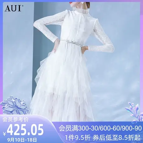 AUI白色设计感高级小众连衣裙女2023春秋新款蕾丝立领网纱蛋糕裙图片