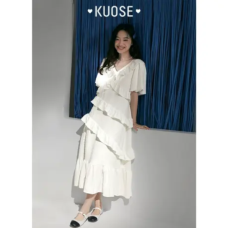 阔色小众设计V领白色连衣裙女2023新款夏法式气质显瘦长裙子图片