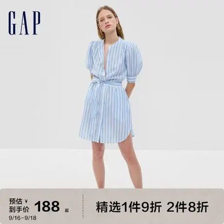 Gap女装夏季2023新款棉麻法式泡泡袖连衣裙594740通勤条纹衬衫裙图片