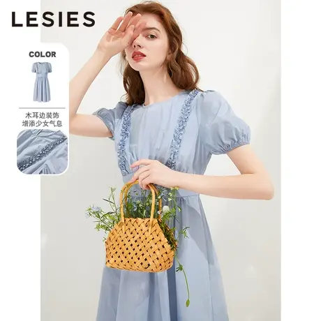 LESIES蓝色倾情夏新款女装木耳边收腰气质修身显瘦法式连衣裙图片