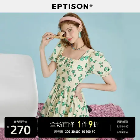 EPTISON法式连衣裙女2023年夏季新款复古印花少女泡泡袖花苞裙子图片