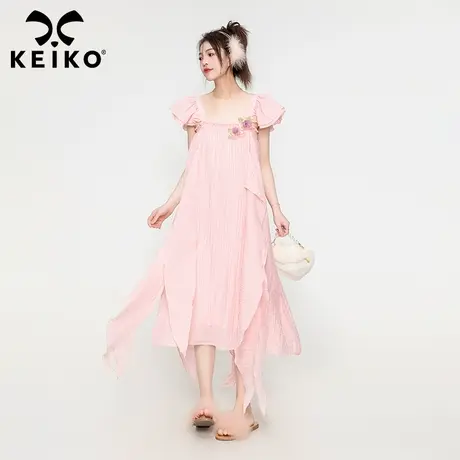 KEIKO 粉色雪纺连衣裙仙女裙2023夏季新款设计感飘带A字裙子长裙图片