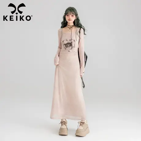KEIKO 纯欲风粉色包臀连衣裙2024夏季设计感性感修身显瘦网纱长裙图片