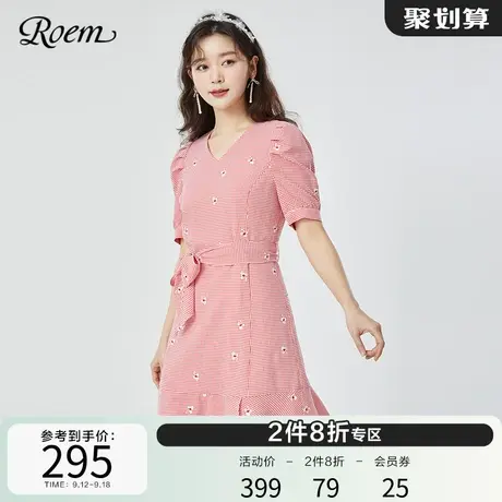 Roem商场同款春夏新品泡泡袖v领收腰显瘦甜美复古短袖连衣裙图片