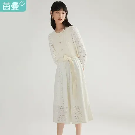 茵曼2023春装新款女圆领针织镂空拼接设计收腰气质显瘦连衣裙图片