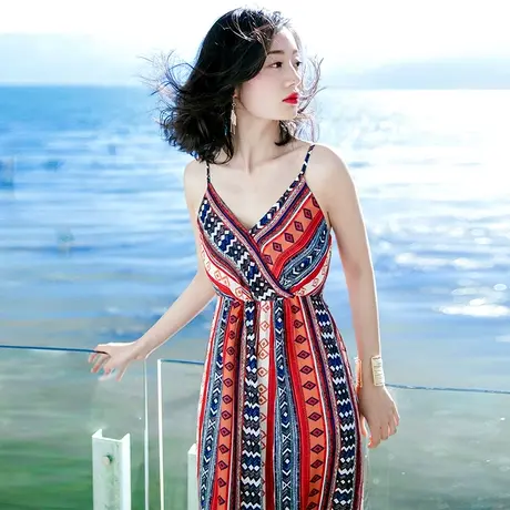 2021夏季新款女民族风条纹吊带裙子雪纺连衣裙长裙海边度假沙滩裙图片