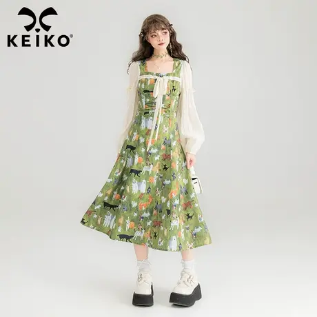 KEIKO 薄荷曼波风油画碎花连衣裙2024夏季法式度假方领显瘦长裙子图片