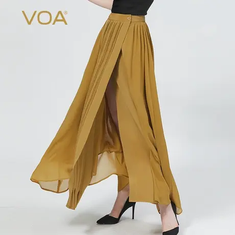 VOA真丝重磅30姆米香槟黄纽扣立体褶皱不对称百搭桑蚕丝半身长裙图片
