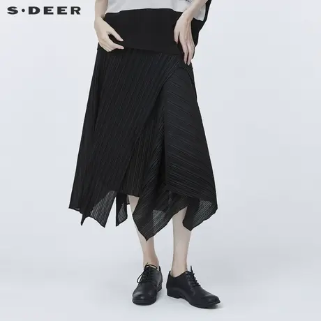 【直播间专属】sdeer圣迪奥女装肌理褶皱个性纯黑长裙S20281139图片