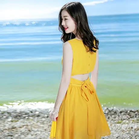 2023夏季新品海南三亚超仙黄色短裙无袖雪纺连衣裙波西米亚沙滩裙图片
