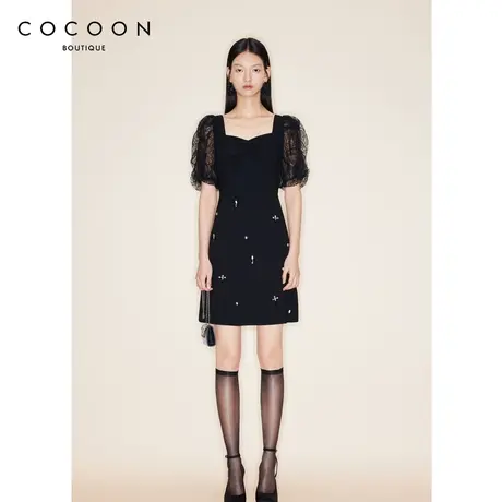 COCOON商场同款黑色网纱连衣裙女2023秋季新款裙子23203BF022032图片