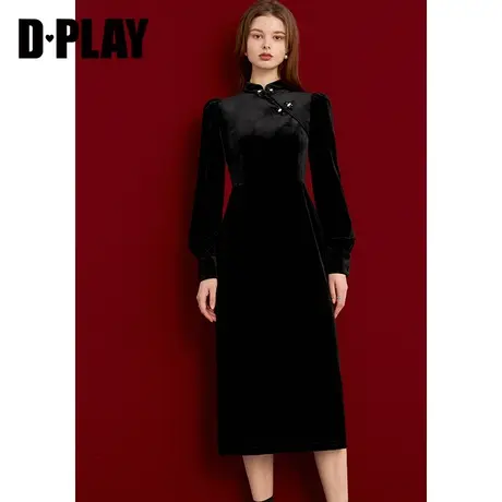 DPLAY春新中式立领泡泡袖黑色国风丝绒旗袍裙礼服裙连衣裙图片