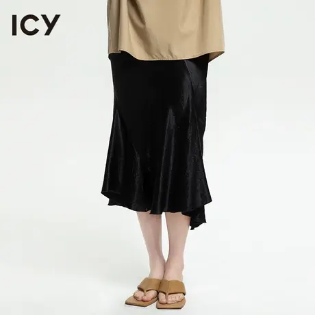 icy2023夏季新款女装优雅气质过膝一步裙缎面不对称鱼尾半身裙图片
