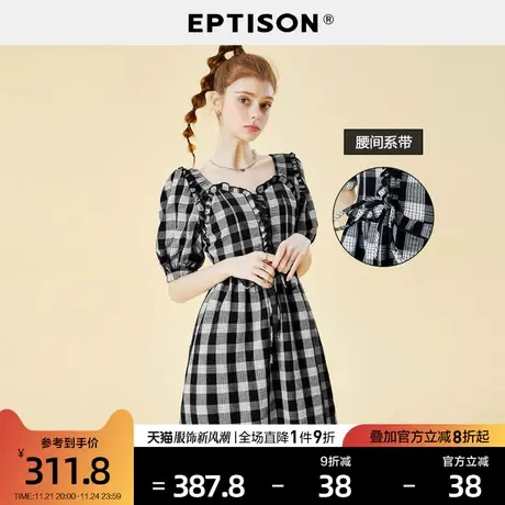 EPTISON连衣裙女2024新款夏季复古格子短裙方领显瘦泡泡袖裙子图片