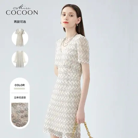 miss COCOON2023新款法式V领绣花蕾丝连衣裙女夏短袖收腰显瘦裙子商品大图