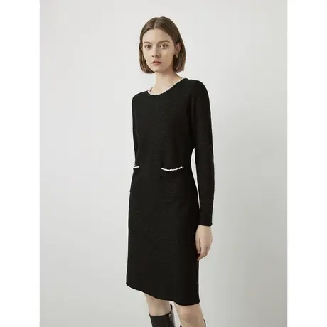 朗姿羊毛圆领连衣裙2023奥莱修身显瘦气质法式黑色裙子女商场同款图片