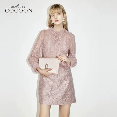 missCOCOON粉色小香风裙子女2023新款秋中长款显瘦长袖蕾丝连衣裙商品大图