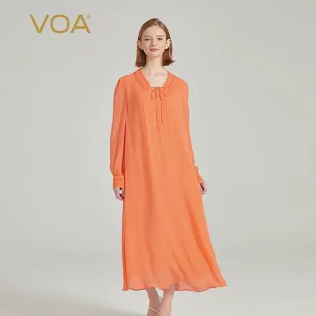 VOA柚橙双层乔其桑蚕丝塔克褶系带V领灯笼长袖宽松飘逸真丝连衣裙商品大图