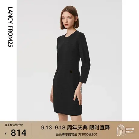 朗姿羊毛法式气质高级感收腰显瘦设计感小黑裙2023春季新款连衣裙图片