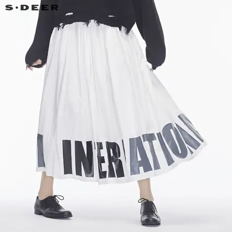 sdeer圣迪奥纯白简约撞色英文字母装饰碎褶造型时尚长裙S18481193图片