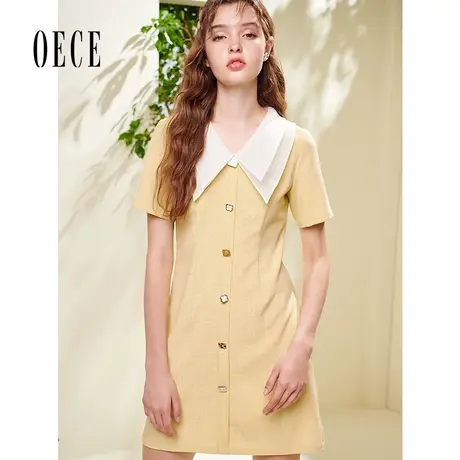 Oece春夏新款女装奶油黄甜美减龄撞色娃娃领收腰短袖连衣裙图片