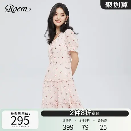 Roem商场同款春夏新品法式樱桃图案甜美V领公主袖小众设计连衣裙商品大图