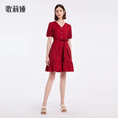 歌莉娅红色连衣裙夏中式绣花V领显瘦宴会裙子（送腰带）1B5R4K4F0图片