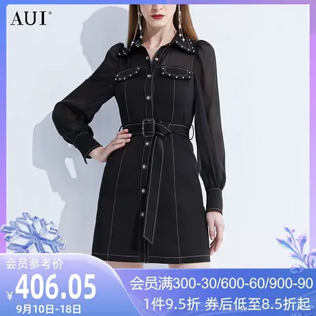 AUI设计感小个子衬衫连衣裙2023女春新款赫本风气质减龄小黑裙图片
