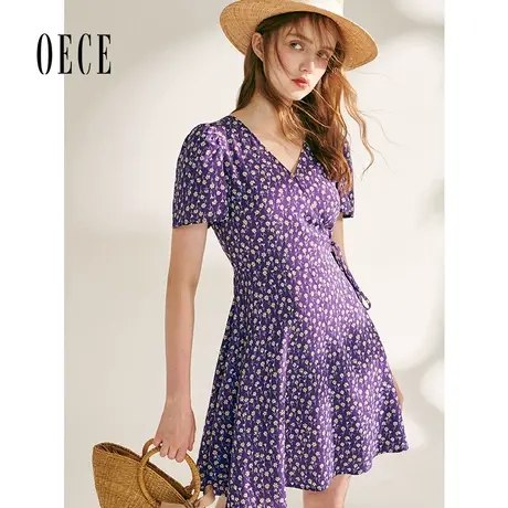 oece夏装新款女装显白仙紫小碎花复古法式V领高腰短袖连衣裙图片