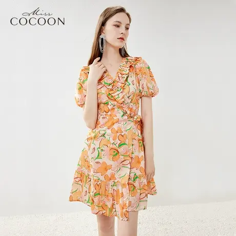 miss COCOON短袖印花连衣裙女2023新款夏季设计感小众收腰v领裙子图片