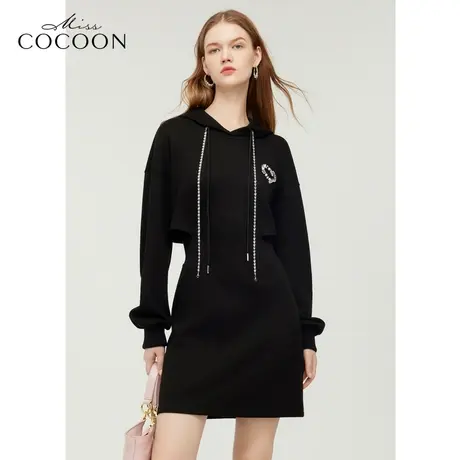 【秋上新】missCOCOON黑色连帽针织连衣裙女2023秋季新款卫衣裙子图片