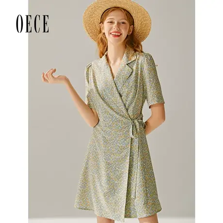 Oece夏装新款女装碎花甜甜剧清新复古翻领西装式短袖连衣裙图片