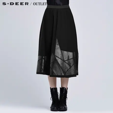 sdeer圣迪奥秋装现代科技感几何分割PU贴片半长裙身裙女S16381130商品大图