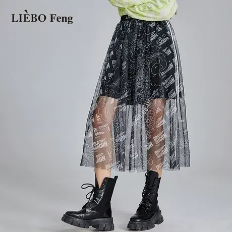 裂帛LIEBOFeng2023春季新商场同款国潮印花网布蕾丝半身长裙图片
